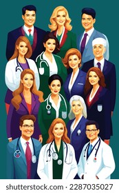 Hospital staff wearing uniform at work. vector illustration