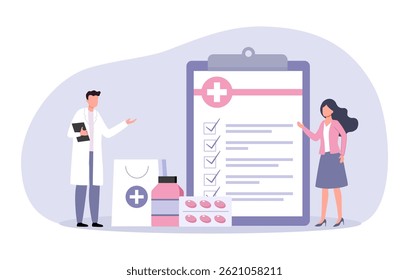 Equipes hospitalares com documento de seguro de saúde e medicamentos. Conceito de cuidados de saúde.