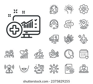 Hospital statistics sign. Online doctor, patient and medicine outline icons. Medical analytics line icon. Medical analytics line sign. Veins, nerves and cosmetic procedure icon. Intestine. Vector