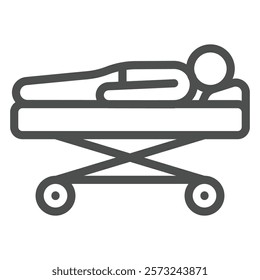 Hospital stretcher with human line icon, medical insurance concept. Vector graphics. Ambulance bed with sick man sign on white background, outline style icon for mobile or web design