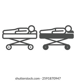 Hospital stretcher with human line and solid icon, medical insurance concept. Vector graphics. Ambulance bed with sick man sign on white background, outline style icon for mobile or web design