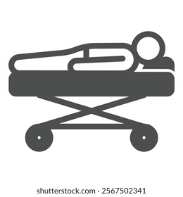 Hospital stretcher with human solid icon, medical insurance concept. Vector graphics. Ambulance bed with sick man sign on white background, glyph style icon for mobile or web design