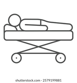 Hospital stretcher with human thin line icon, medical insurance concept. Vector graphics. Ambulance bed with sick man sign on white background, outline style icon for mobile or web design