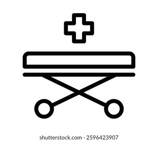 Hospital stretcher icon with medical cross sign. Editable stroke.