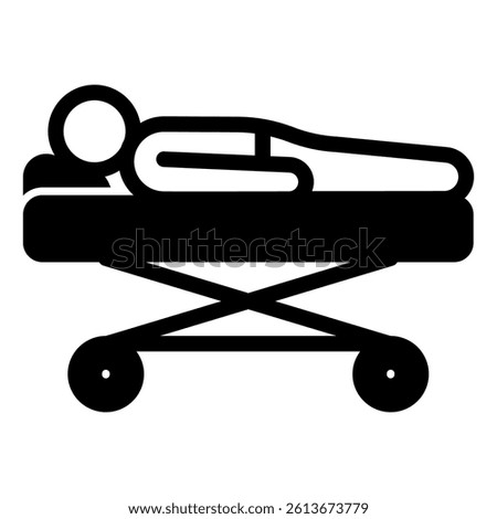 Hospital stretcher with man solid icon, medical insurance concept. Vector graphics. Bed with patient, human rescue sign on white background, glyph style mobile or design