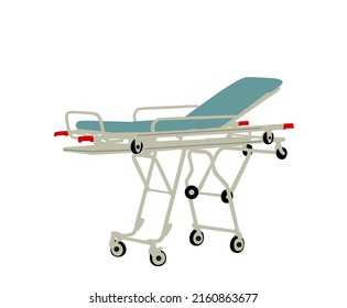 Hospital stretcher trolley vector illustration isolated on white background. First aid transport vehicle for help injured people after accident. Paramedics evacuate cart. Health care lifeguard object.