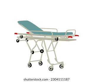 Hospital stretcher trolley vector illustration isolated on white background. First aid transport vehicle for help injured people after accident. Paramedics evacuate cart. Health care lifeguard object.