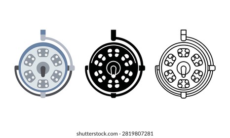 Hospital surgery room ceiling light vector illustration flat black line art styles medical lighting equipment collection.