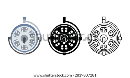 Hospital surgery room ceiling light vector illustration flat black line art styles medical lighting equipment collection.