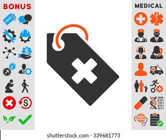 Hospital Tag vector icon with bonus. Style is bicolor flat symbol, orange and gray colors, rounded angles, white background.