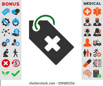 Hospital Tag vector icon with bonus. Style is bicolor flat symbol, green and gray colors, rounded angles, white background.