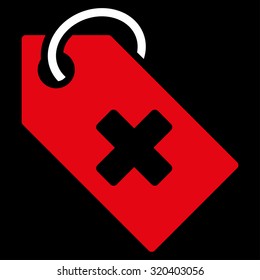 Hospital Tag vector icon. Style is bicolor flat symbol, red and white colors, rounded angles, black background.