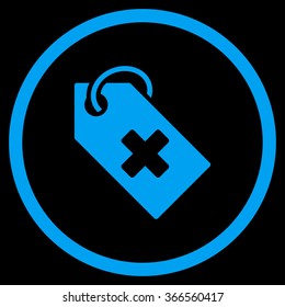 Hospital Tag vector icon. Style is flat circled symbol, blue color, rounded angles, black background.