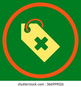 Hospital Tag vector icon. Style is bicolor flat circled symbol, orange and yellow colors, rounded angles, green background.