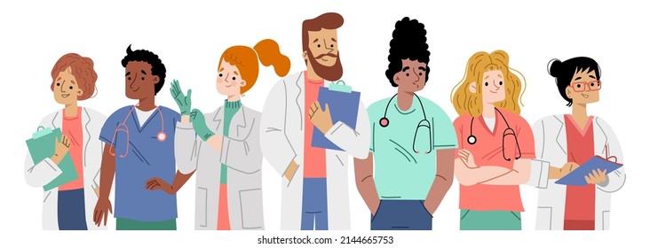 Hospital Team, Diverse Healthcare Staff, Doctor, Nurse, Surgeon Or Therapist Characters In Medical Robes. Clinic Workers, Medicine Profession Personages Group, Cartoon Linear Flat Vector Illustration