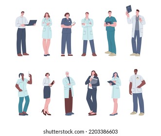 Hospital team, doctors, nurses and healthcare workers. Administrator clinic staff, pharmacist and therapist. Flat medical professional kicky vector characters