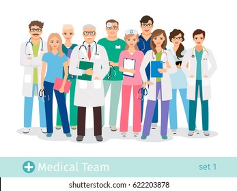 Hospital Team Isolated On White Background. Doctor And Assistant, Nurses And Medical Helping Group Vector Illustration