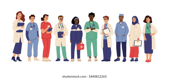 Hospital team. Medical employees in uniform, healthcare workers administrator doctor nurse. Pharmacist clinic staff swanky vector characters