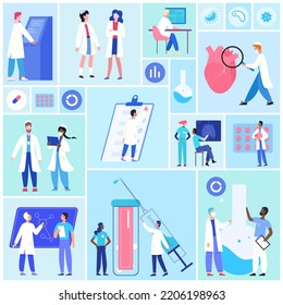 Hospital team, medical staff set vector illustration. Cartoon professional doctors and nurses in uniform work in clinic, research patients diagnosis in laboratory geometric collage background