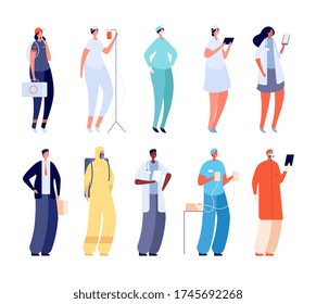 Hospital team. Woman medical uniform, health specialist. Flat administrators, doctors and nurse. Cartoon clinic staff vector characters