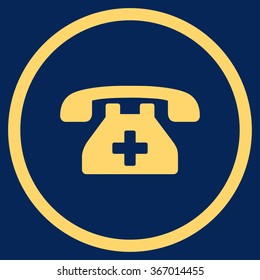 Hospital Telephone vector icon. Style is flat circled symbol, yellow color, rounded angles, blue background.