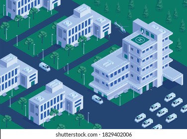 Hospital terrein outdoor isometric aerial overview with buildings collection emergency helicopter landing ambulance parking lot vector illustration 