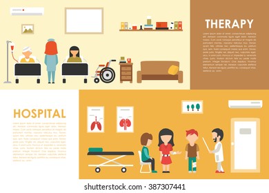 Hospital Therapy flat medical hospital interior concept web vector illustration. Doctor, Patients, Queue, Medicine service presentation