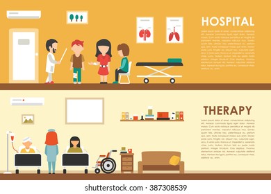 Hospital Therapy flat medical hospital interior concept web vector illustration. Doctor, Patients, Queue, Medicine service presentation