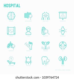 Hospital thin line icons for doctor's notation: neurologist, gastroenterologist, manual therapy, ophtalmologist, cardiology, allergist, dermatologist, dentist. Vector illustration for clinic.