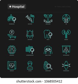 Hospital thin line icons set for doctor's notation: neurologist, gastroenterologist, manual therapy, ophtalmologist, cardiology, allergist, dermatologist. Vector illustration for balck theme.