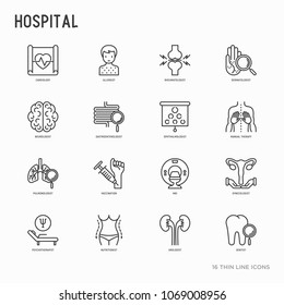 Hospital thin line icons set for doctor's notation: neurologist, gastroenterologist, manual therapy, ophtalmologist, cardiology, allergist, dermatologist. Vector illustration.