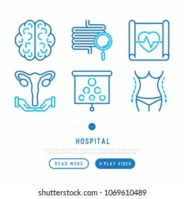 Hospital thin line icons set for doctor's notation: neurologist, gastroenterologist, manual therapy, ophtalmologist, cardiology, allergist, dermatologist. Vector illustration.