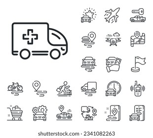 Señal del vehículo de transporte hospitalario. Iconos de esquema de plano, cadena de suministro y ubicación de sitio. Icono de la línea de emergencia del coche de ambulancia. Símbolo médico. Señal de emergencia de ambulancia. Vector