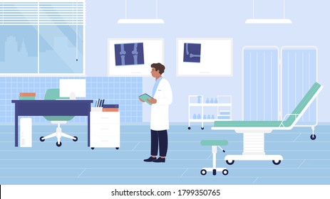 Hospital traumatology room vector illustration. Cartoon trauma surgery room cabinet with doctor traumatologist character, xray of broken bone, modern clinic medical furniture and equipment background