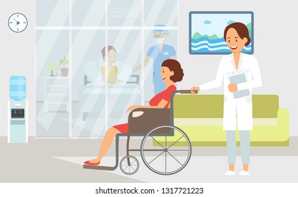 Hospital Treatment Flat Vector Color Illustration. Health Worker and Patient Cartoon Character. Interior Decoration Clipart. Nurse Carries Disable Woman in Wheelchair. Doctor and Sick Person in Clinic