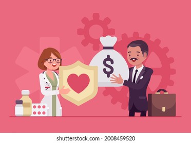 Hospital trustee giving money to administrator for financial health, stability. Male member of Board investing, millionaire making donation, contribution and generous sponsorship. Vector illustration