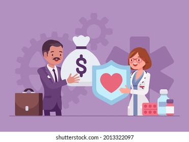 Hospital Trustee Giving Money To Administrator For Financial Health, Stability. Male Member Of Board Investing, Millionaire Making Donation, Contribution And Generous Sponsorship. Vector Illustration