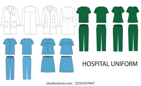 Os uniformes do hospital incluem jaleco, esfregões de enfermagem e roupas de paciente.
Há itens de homens e mulheres retratados de frente e de trás.
Modelo uniforme.