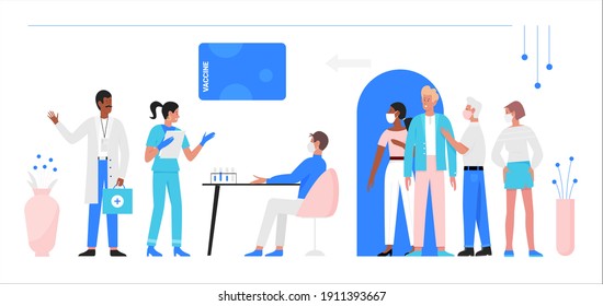 Hospital vaccination vector illustration. Cartoon patient people standing in row to be vaccinated, doctor team of characters standing, sitting at table with vaccine and test tubes, ready to vaccinate