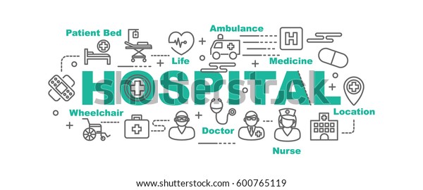 hospital vector banner design\
concept, flat style with thin line art icons on white\
background\
