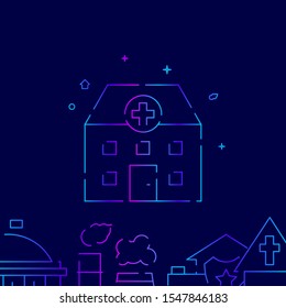 Hospital vector gradient line icon, illustration, symbol or pictogram, sign. Dark blue background. Related bottom border.