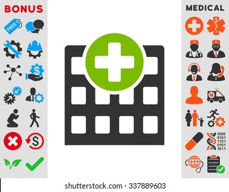 Hospital vector icon with bonus. Style is bicolor flat symbol, eco green and gray colors, rounded angles, white background.