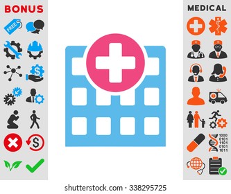 Hospital vector icon with bonus. Style is bicolor flat symbol, pink and blue colors, rounded angles, white background.