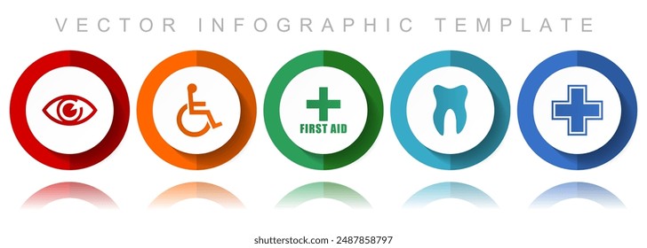 Colección de íconos de Vector del hospital, íconos diversos como ojo, silla de ruedas, primeros auxilios, dentista y cruz, Plantilla infográfica de diseño plano en eps 10