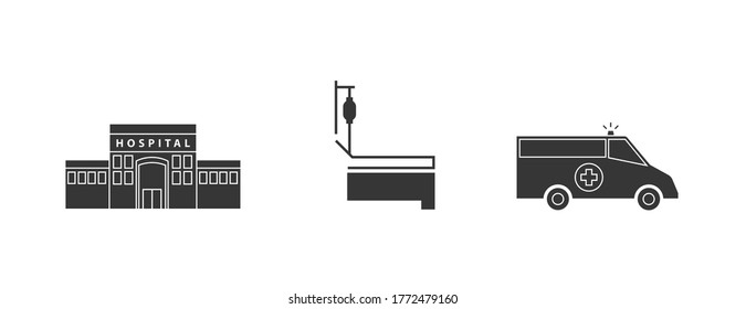 ícono de vector de hospital conjunto icono de construcción de ambulancias en cama