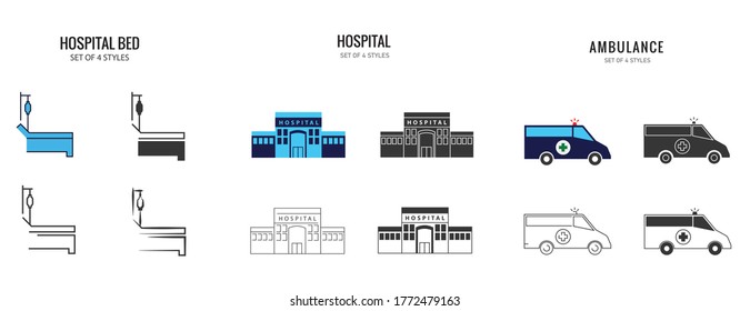 ícono de vector de hospital conjunto icono de construcción de ambulancias en cama