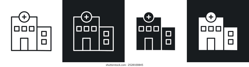 Icono del Vector del hospital fijado en blanco y negro