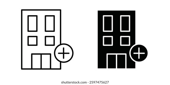Hospital vector icon set black filled and outlined style.