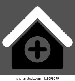 Hospital vector icon. Style is bicolor flat symbol, black and white colors, rounded angles, gray background.