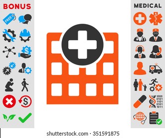 Hospital vector icon. Style is bicolor flat symbol, orange and gray colors, rounded angles, white background.